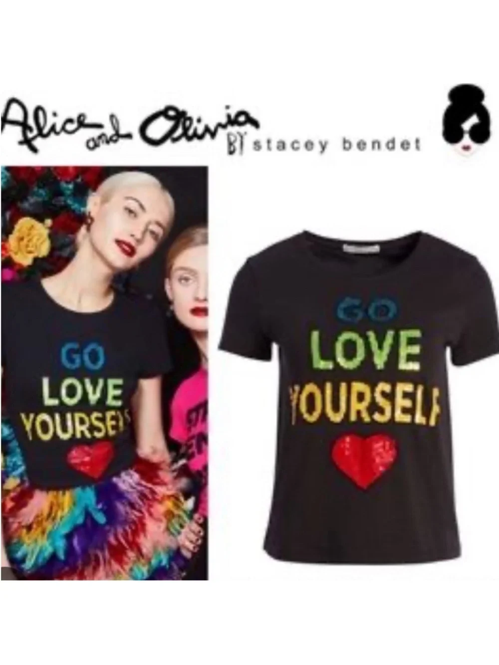 Alice + Olivia Black Sequin "Go Love Yourself" Tee with Red Heart Size L - Picture 1 of 10